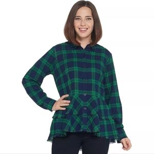 Joan Rivers Womens Plaid Peplum Shirt with Fringe Hem Green & Navy Size 12 Large